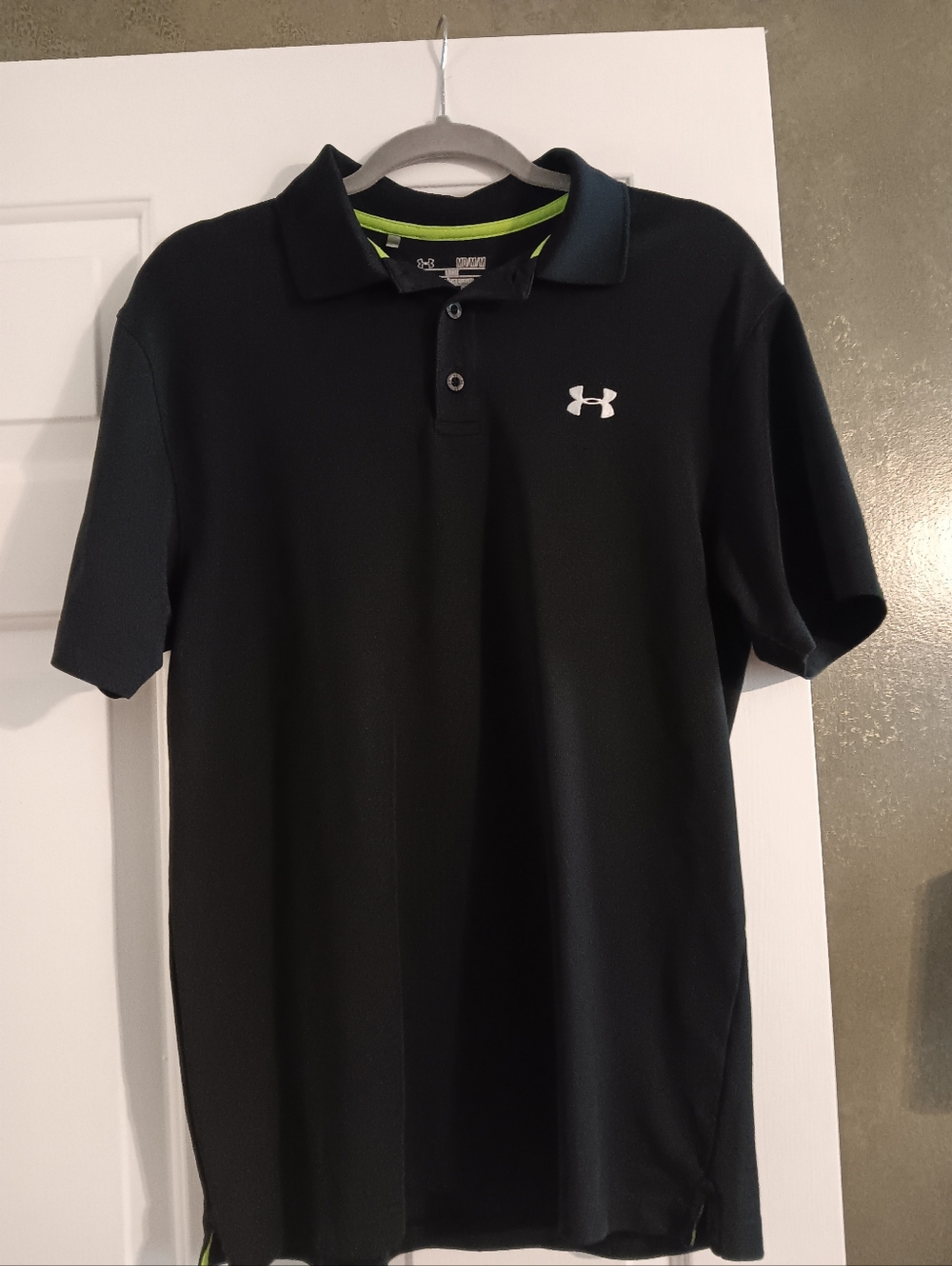 Under Armour Black Polo with White Logo and Lime Trim Medium